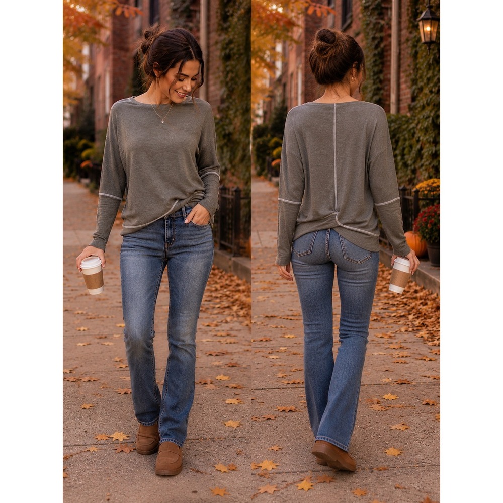 Michael Stars Top Womens XS Olive Green Tulip Back Contrast Stitch Long Sleeve
